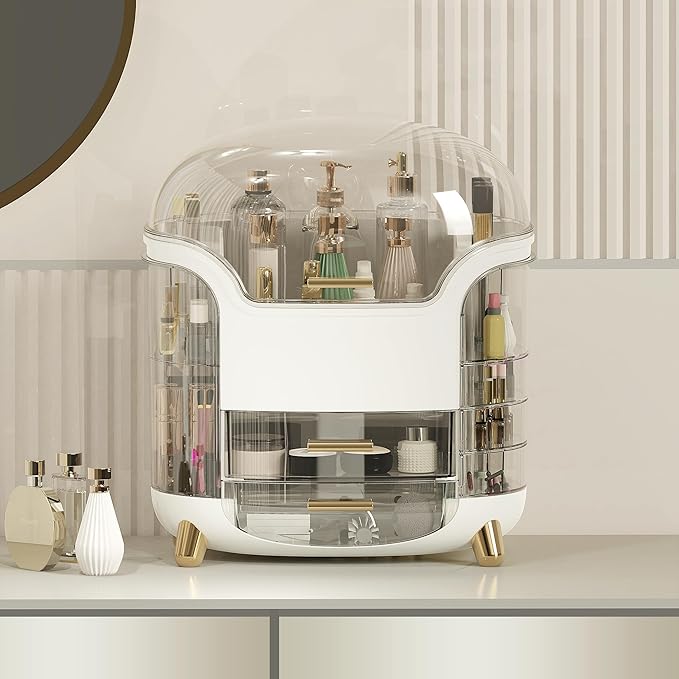Portable Light Luxury Series Multi-Function Make Up Organizer,Dust Water Proof with Drawer and Lid, Large Capacity for Bathroom, Dresser,Countertop,Bedroom, Green and White (Green)