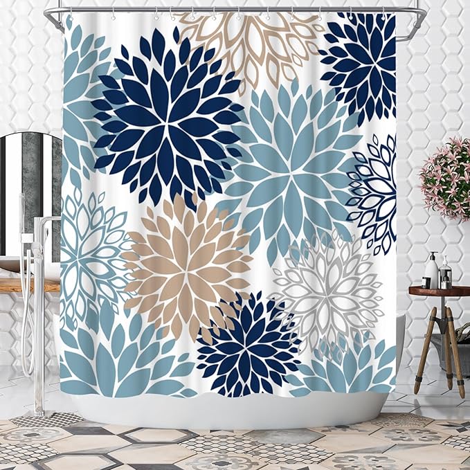 WELMECO Blue Shower Curtain Dahlia Flower Print Polyester Shower Curtain Bathroom Decor, 72x72inch (deep Blue,tan,Grey,White)