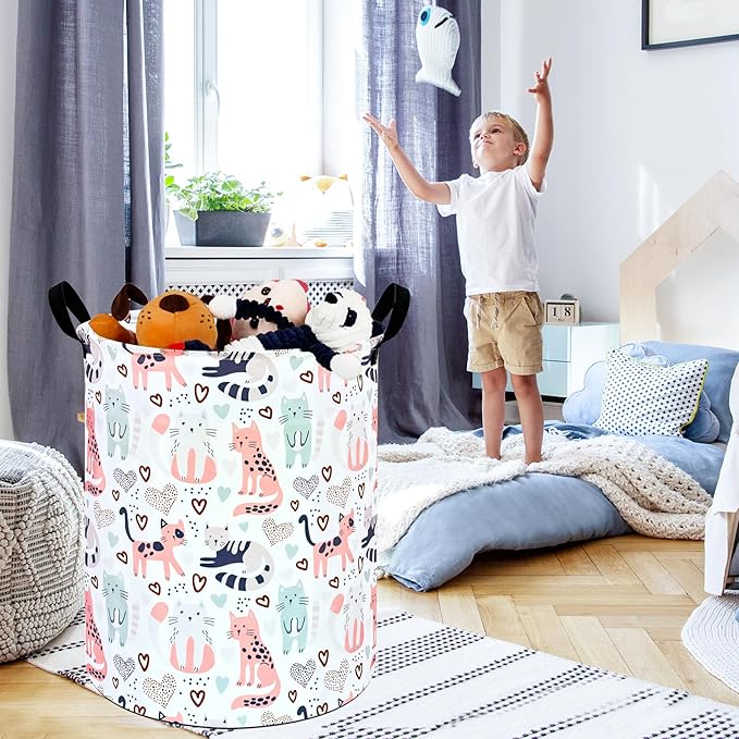 KUNRO Round Cat Laundry Gift Basket Storage Hamper, Clothes Storage Organizer Bins, Shelf Basket with Handles for Room Decor