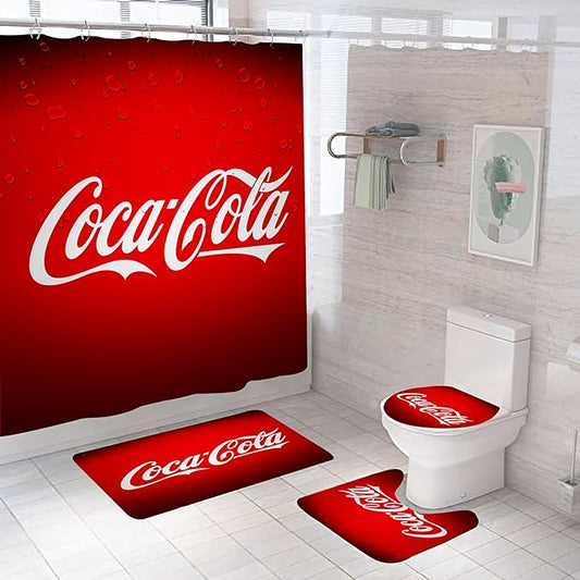 Cola Bathroom 4 Pieces Set Shower Curtain, Toilet Lid Cover and Bath Mat, Non-Slip Rugs, Durable and Waterproof, for Bathroom Decor Set, 72" x 72"