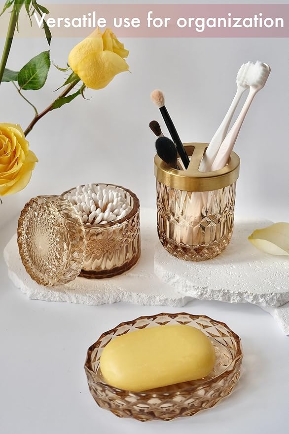 LaMarriti Brown Bathroom Accessories Set, 5Pcs Glass Bathroom Set, Lotion Soap Dispenser, Toothbrush Holder, Soap Dish, Qtips Holder, Tumbler for Crystal Vintage Bathroom Decor, Gift Set