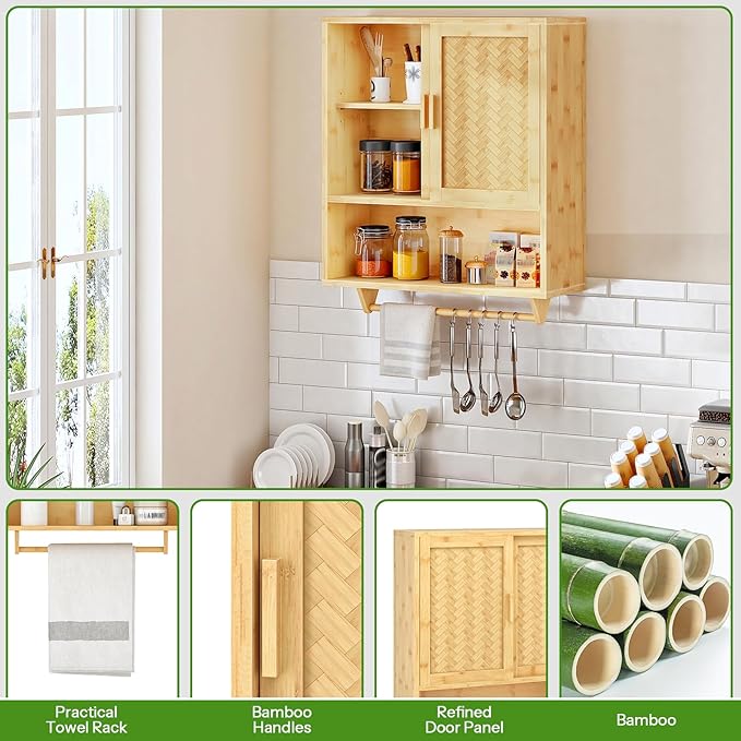 HOOBRO Bathroom Cabinet Wall Mounted, Bamboo Over Toilet Cabinet, Medicine Cabinet with Towels Bar & Adjustable Shelves, 23.6 x 7.9 x 28.5 Inches, for Bathroom, Laundry, Kitchen, Natural YL63CW01