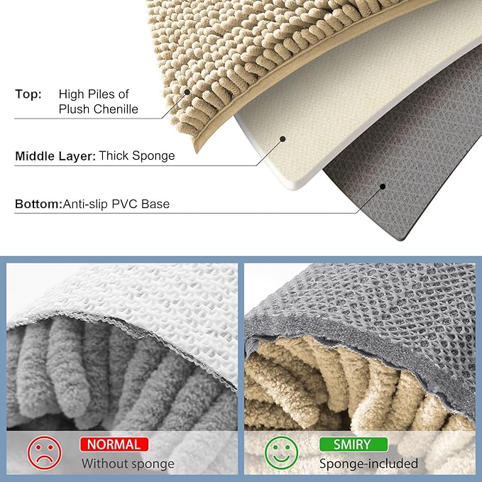 Smiry Luxury Chenille Bathroom Rugs 59x20, Extra Soft and Absorbent Shaggy Bath Mat, Machine Washable, Non-Slip Plush Carpet Runner for Tub, Shower, and Floor, Home Decor Accessories, Beige