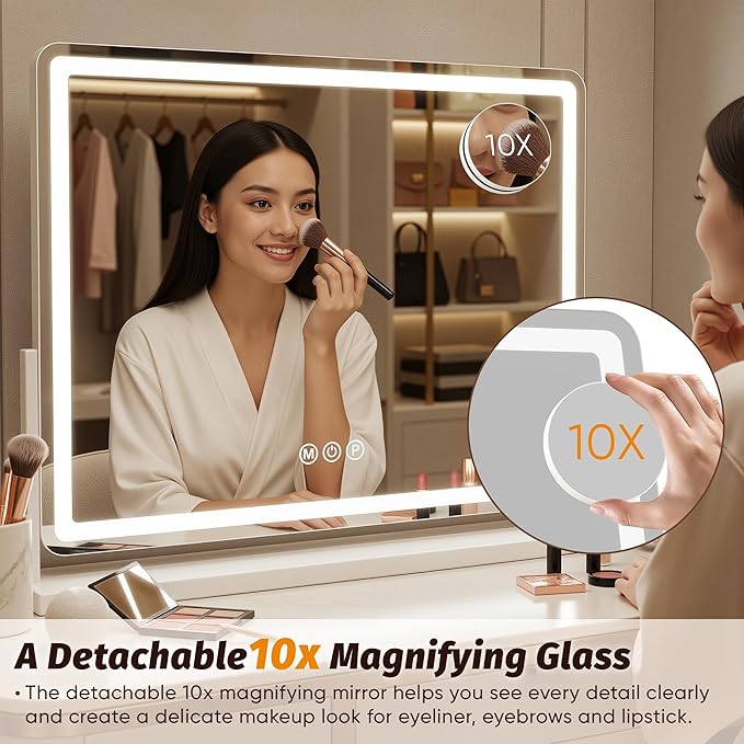 Vanity Mirror with Lights, 33"x23" Hollywood Lighted Makeup Mirror for Tabletop & Bedroom 3 Color Lighting Modes Smart Touch Control 360° Rotation Detachable