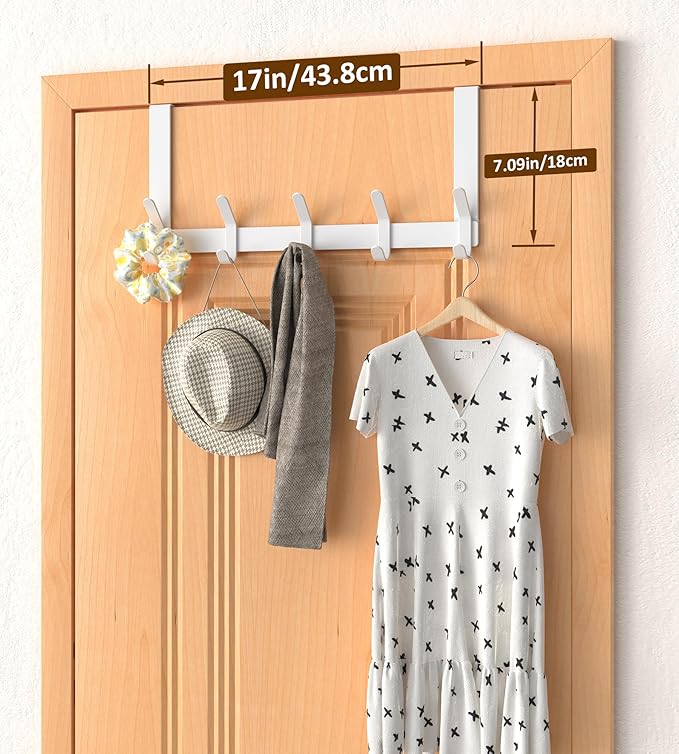 Over The Door Hooks Hanger with 7" Arms for Hanging Heavy Coats, Towel, J7U, Perfectly Fits US Standard 1 3/4-inch Doors, Towel Rack Bathroom Organizer Holder, Rustproof, White