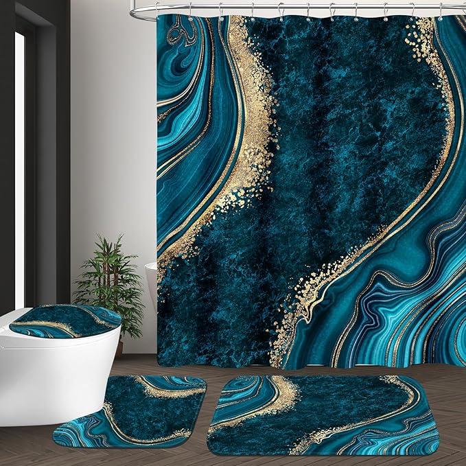 4PCS Teal Blue Gold Marble Bathroom Sets with Shower Curtain and Rugs, Abstract Gold Shower Curtain Sets with Rugs, Modern Bathroom Curtains Shower Set Accessories