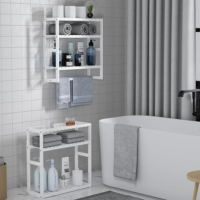 Towel Rack Bathroom Storage Shelves Over The Toilet with Towel Bar 100% Bamboo Adjustable Height Floating Shelf Wall Shower Shelf for Small Space Bathroom Kitchen Multi Usage White New 2Pack