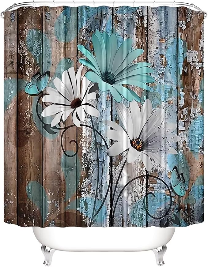 AZHM Farmhouse Flower Floral Shower Curtain Set 4pcs Rustic Teal Turquoise Daisy Bathroom Accessory Set with Rugs and 12 Hooks