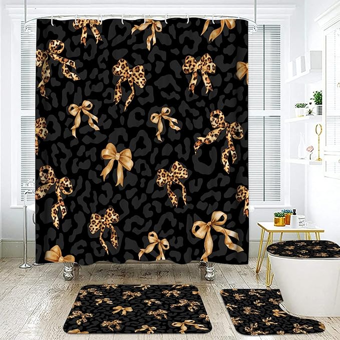 Onalasyc 4Pcs Black Brown Leopard Bow Print Shower Curtain Sets with Rugs, Sexy Modern Black Brown Leopard Bow Waterproof Bathroom Shower Curtain Decor Set with 12 Pcs Hooks,71 x 71in