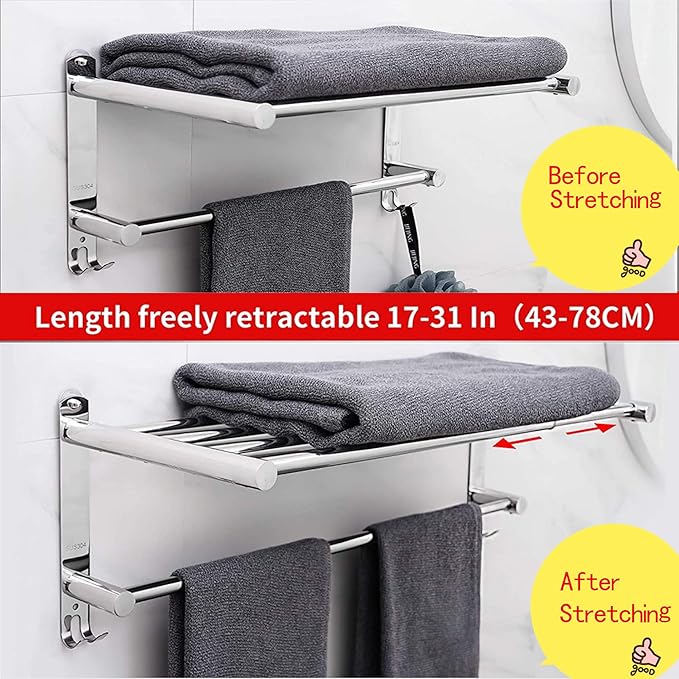 Towel Bars Retractable 20-30 Inche Stainless Steel 304 Bath Towel Rack Strong 3M Adhesive Bathroom Wall-mounting Free mounting Hole-Installing washroom Kitchen Space Saving 2-Tier Shelf Towel Rack