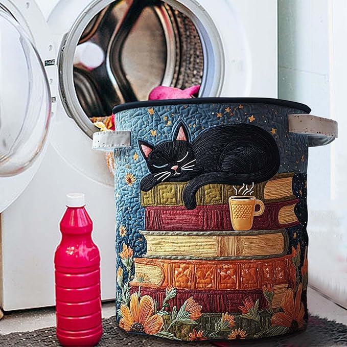 Cute Cat Quilted Laundry Basket with Handles, Boho Floral Fabric Quilted Laundry Basket, Large Soft Collapsible Storage Hamper for Nursery, Bedroom, Bathroom, Clothes & Toy Organization (#02)