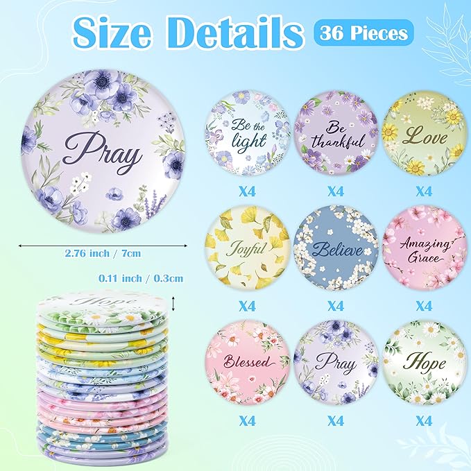 Y1tvei Colorful Floral Mirrors Bulk - 36Pcs Bible Verse Watercolor Flower Inspirational Gift Mini Compact Mirror Portable Round Pocket Makeup Mirror for Women Purse Religious Faith Church Party Favors