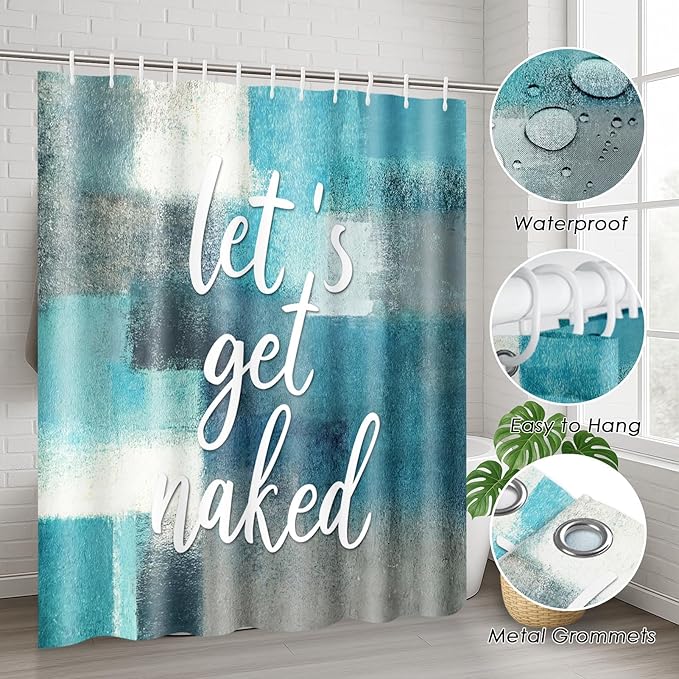 ArtSocket 4PC Let's Get Naked Turquoise Teal Painting Art Modern Abstract Shower Curtain Sets Bathroom Decor with Rugs, Non-Slip Rug,Toilet Lid Cover, Bath Mat and 12 Hooks 72x72 inches