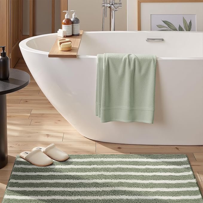 GRANNY SAYS Striped Bathroom Rugs Non Slip, 24" x 36", Bath Rugs for Bathroom Washable, Bath Mats for Floor, Microfiber Bath Mat for Tub, Absorbent Bath Rugs for Shower Room, Sage Green