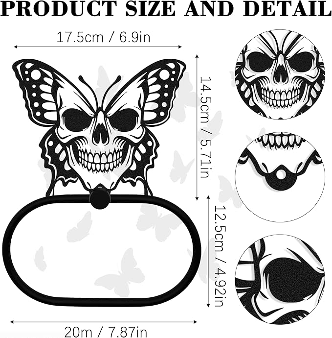 Black Metal Gothic Skull Butterfly Towel Ring, Goth Witchy Skeleton Wall Hand Towels Holder, Gothic Bathroom & Kitchen Accessories, Wall Hanging Towel Rack Home Decor Gift Indoor Outdoor