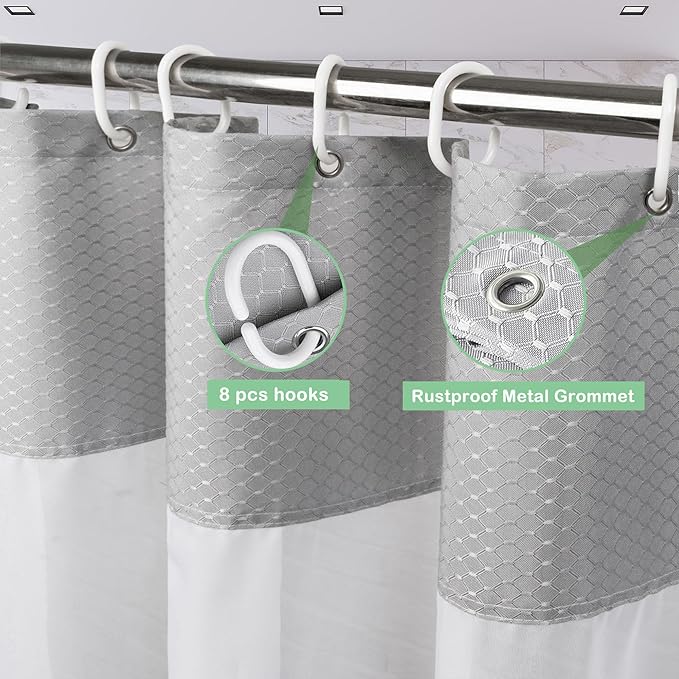 UFRIDAY Grey Waffle Weave Fabric Shower Curtain with Mesh Window Stall Shower Curtain, Heavy Duty Bathroom Curtain with White Pique Pattern, Spa-Like Hotel Luxury, Water-Repellent