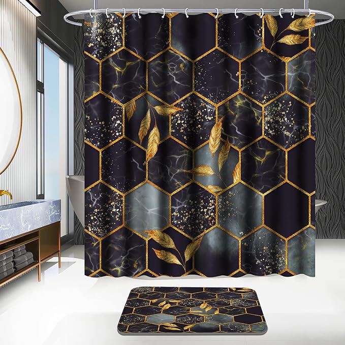 Poedist 4 Pcs Bathroom Shower Curtain Set,Bathroom Sets with Rugs(Bath Mat,U Shape and Toilet Lid Cover Mat) and 12 Hooks,Honeycomb Marble Grey Black