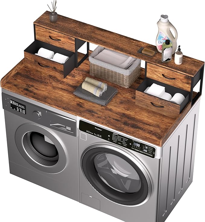Unionly Washer and Dryer Countertop, 27.5" D x 53.9" W x 12.9" H Solid Wood Washer Dryer Countertop with Organizer Shelves with Four Drawers for Laundry Room Organization (Rustic Brown)