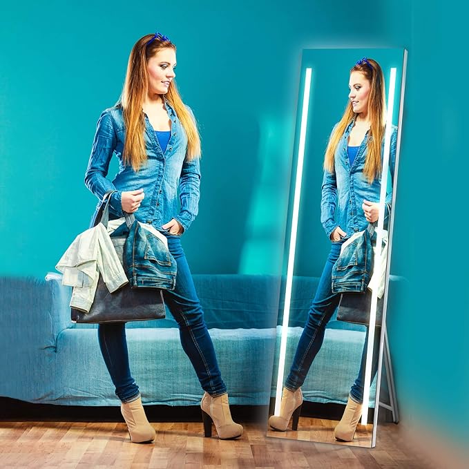 19x59 Inch Full Length LED Mirror for Bathroom with 3 Color Modes, Touch Dimmer - Free Standing or Wall Mount Lighted Vanity for Bedroom, Dressing Room - Fab Glass and Mirror