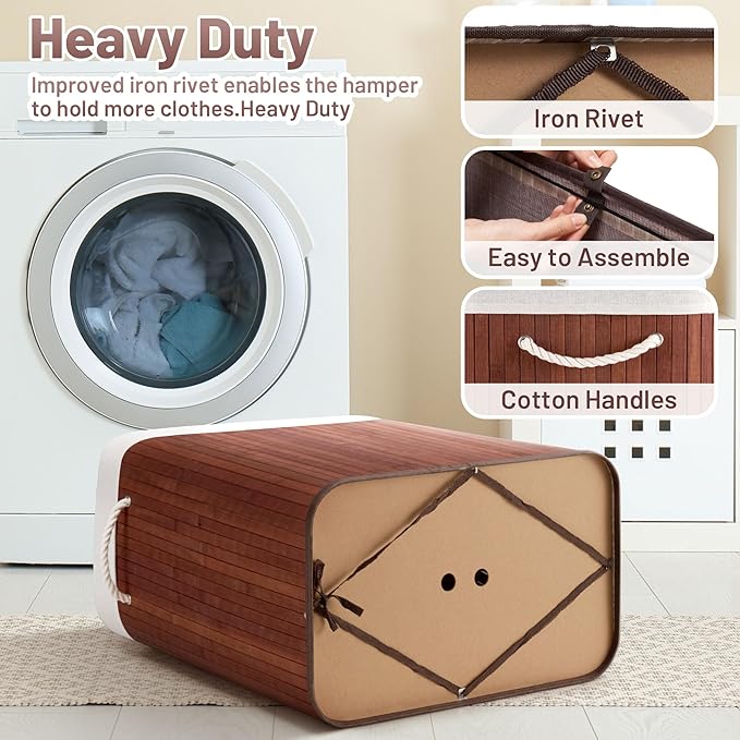 Aliphon 150L Laundry Hamper with lid, 3-Section Clothes Laundry Basket with Handles, Large Collapsible Bamboo Baskets for Bedroom, Bathroom, Dorm, Brown