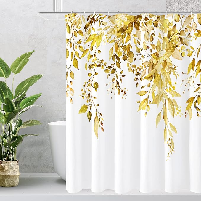 Gibelle Long Shower Curtain 72 x 78, Yellow Floral Shower Curtain for Bathroom, Watercolor Plant Eucalyptus Leaves Fabric Shower Curtain Set
