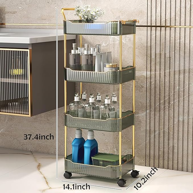 Acrylic Storage Trolley, Laundry Room Organization Mobile Shelves Bathroom Kitchen Rolling Utility Cart with Handle and Lockable Wheel(Green,14.1x10.2x37.4inch)