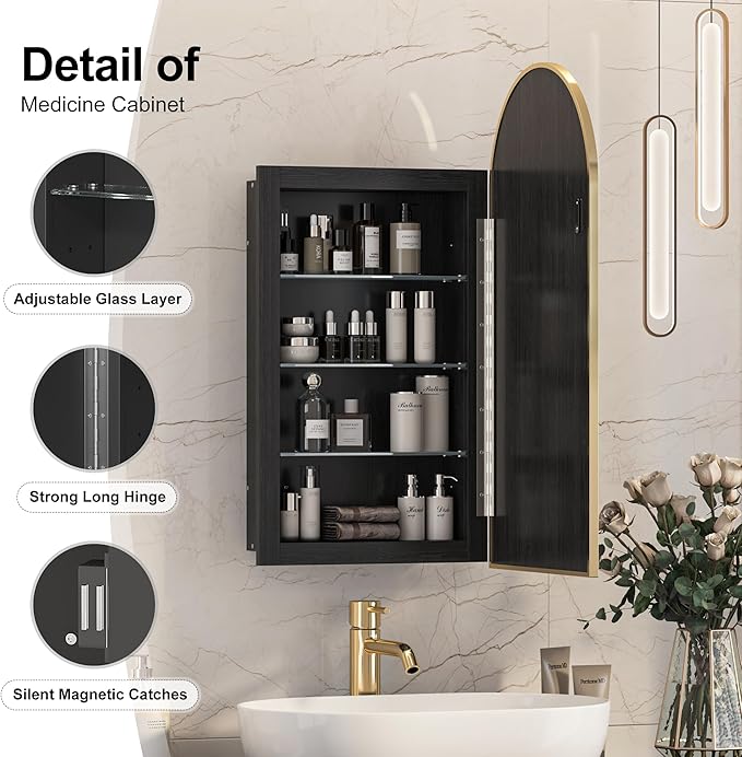 Recessed Medicine Cabinet for Bathroom,Brushed Gold Arched Medicine Cabinet with Mirror,Arch Mirrored Medicine Cabinets Recessed,Bathroom Mirror with Storage,Open from Left to Right 16x31
