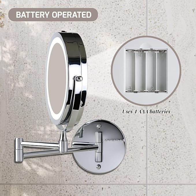 OVENTE Wall Mounted Lighted Makeup Mirror, 7" Double Sided 1X/10X Magnifying Vanity Mirror for Bathroom with LED Lights, Cordless, 360° Rotation and 13" Extendable Arm, Polished Chrome MFW70CH1X10X