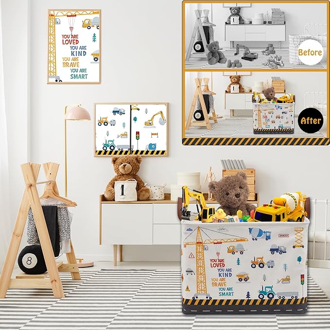 Construction Nursery Decor Hamper Car Baby Gift Basket Transport Trucks Excavators Toy Box Bin Empty Larger Rectangular Kid Clothes Book Shelf Toy Organizer Bin for Baby Boys
