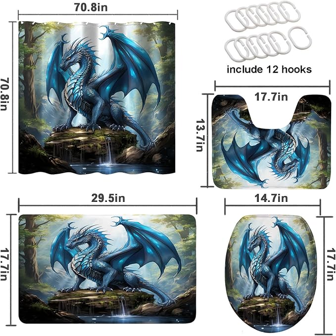 4 Pcs Dragon Forest Shower Curtain Set with Rugs,Toilet Lid Cover, Bath Mat, Fantasy Theme Magic Animal Bathroom Shower Curtain with 12 Hooks Accessories Decorative