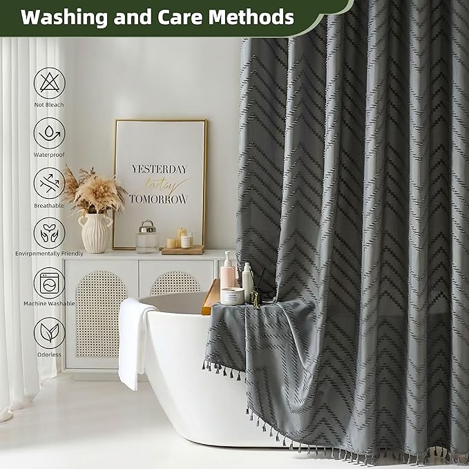 Extra Long Shower Curtains 72 x 84 Inches Tufted Chevron Gray Shower Curtains Fabric for Bathroom Modern Shabby Chic Waterproof Cloth Shower Curtain
