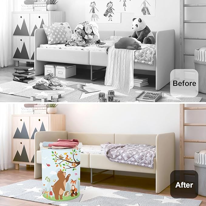 Forest Animals Laundry Hamper Woodland Tree Large Storage Basket Parents Organizer Kids Clothes Toy Bins for Bedroom, Bathroom, Hedgehog, 63L