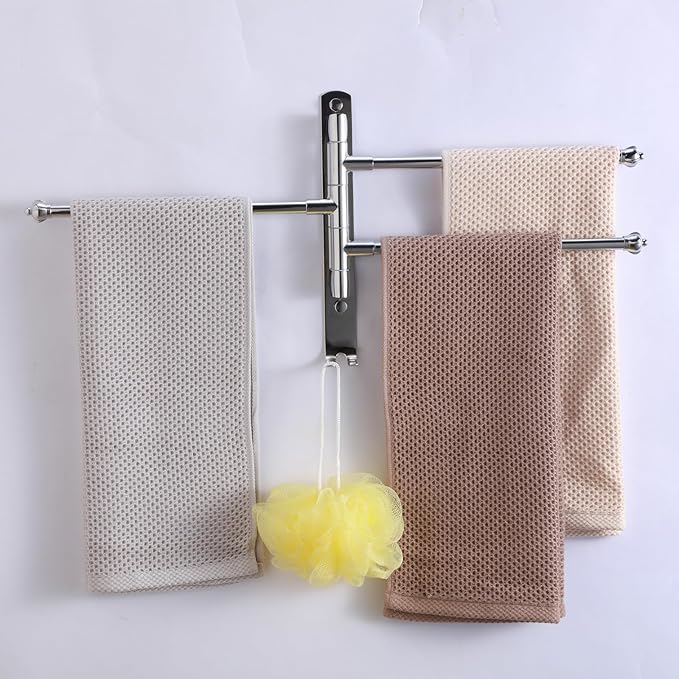 Swivel Towel Rack Hanger Towel Bar Bathrrom Wall Mounted Space Saving Storage Organizer Hanging Holder 12 Inch (Stainless Steel, Bright Silver 3-Arm)