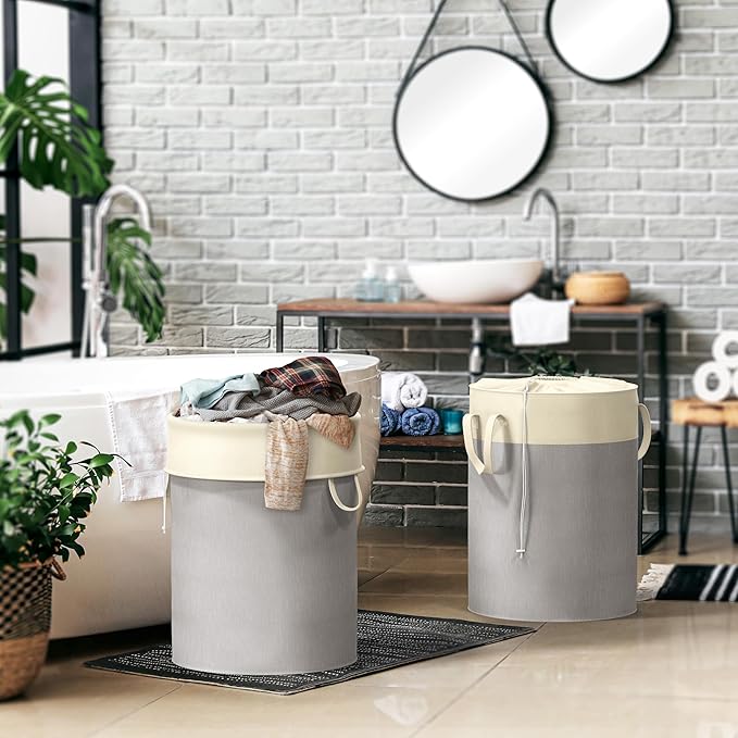 Simple Houseware 74L Collapsible Laundry Hamper, Round Cotton Basket with Drawstring Closure and Handles, 2 Pack, Gray