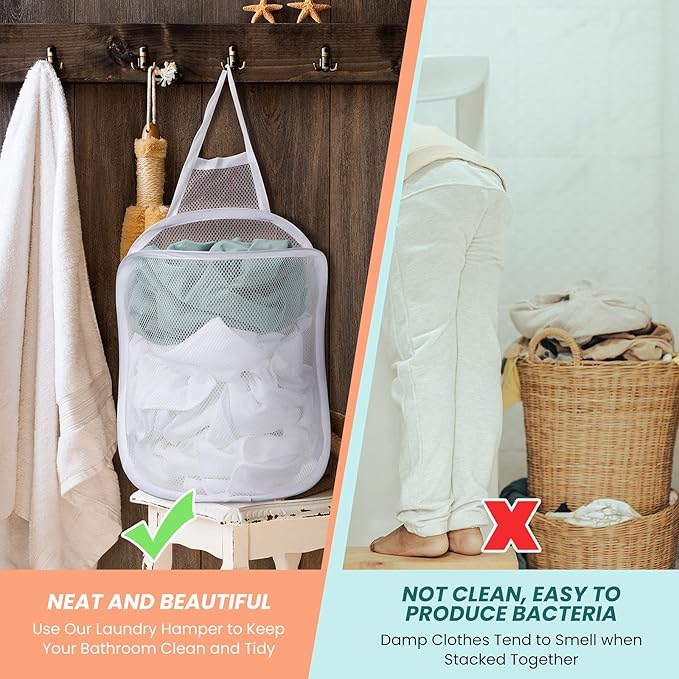 3 Pieces Hanging Laundry Hamper Laundry Bag to Hang Foldable Mesh Hamper Dirty Cloth Basket with Carry Handle Door Net for Store Cloth, Toy, Camping, Hotel Use