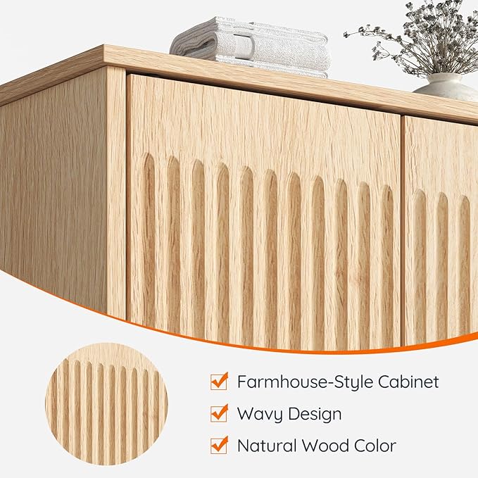 HOOBRO Bathroom Wall Cabinet with Towel Rack, Farmhouse Fluted Medicine Cabinet, Wall Mounted Storage with Adjustable Shelf, Space Saving Organizer for Bathroom, Natural