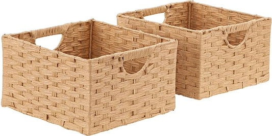Seville Classics Premium Handwoven Portable Laundry Bin Basket with Carrying Handles, Household Storage for Clothes, Linens, Sheets, Tan, Rectangular (2-Pack)