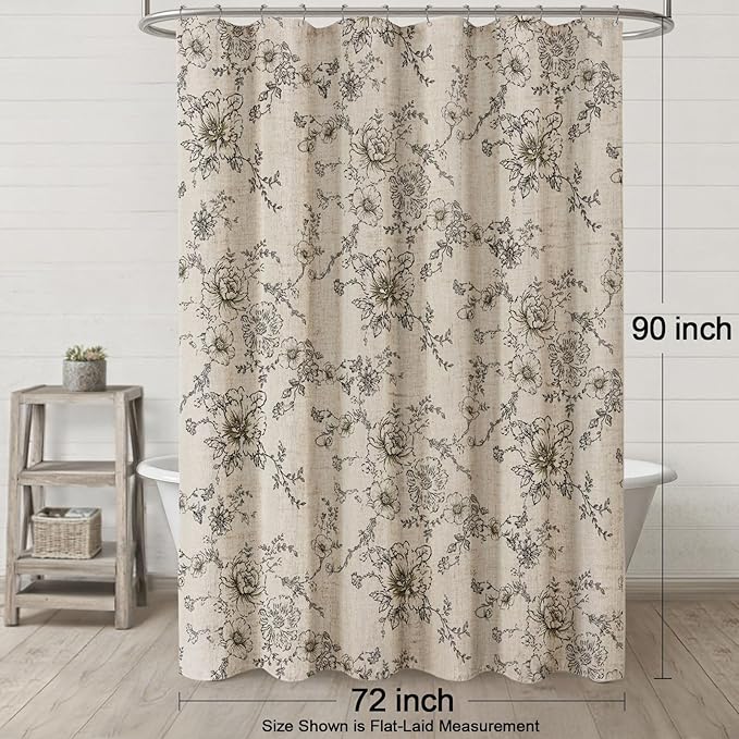 Farmhouse Floral Linen Shower Curtain, Vintage Black Pattern Rustic Shower Curtains for Bathroom, Tan Taupe,72x90