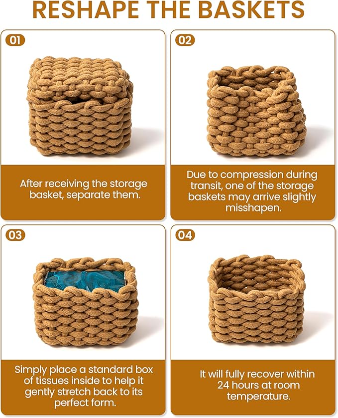 Storage Baskets 2 Pack, Macrame Woven Decorative Baskets for Vanity, Desk, Bathroom & Bedroom Organizer, Small Boho Cotton Rope Bins for Cosmetics, Office Supplies, Cream & Khaki, 7x5.5x5 Inches