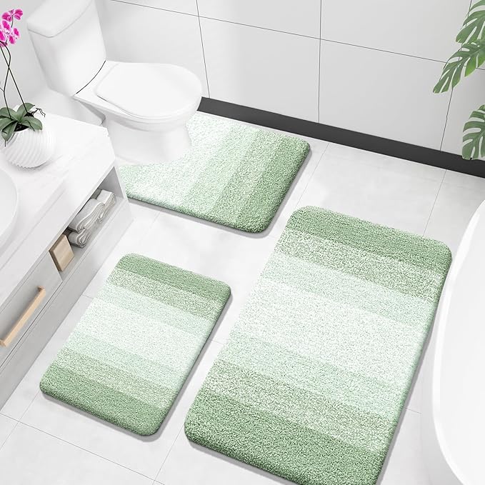OLANLY Bathroom Rugs Sets 3 Piece, Soft Absorbent Microfiber Bath Mats and U-Shaped Contour Toilet Rug, Plush Shaggy Bath Mat Set for Bathroom (36"x24"+24"x16"+24"x20", Sage Green)