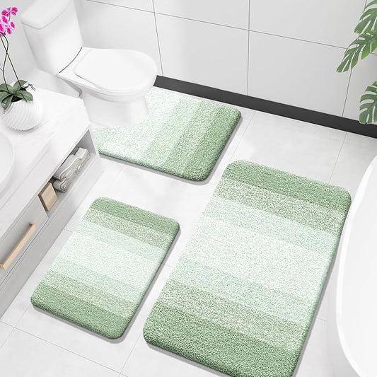 OLANLY Bathroom Rugs Sets 3 Piece, Soft Absorbent Microfiber Bath Mats and U-Shaped Contour Toilet Rug, Plush Shaggy Bath Mat Set for Bathroom (36"x24"+24"x16"+24"x20", Sage Green)