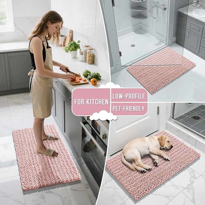 Yimobra Long Bathroom Rugs Non Slip Washable 44x24 Inch - Ultra Soft Absorbent Chenille Bath Mat, Quick Dry Shaggy Floor Carpet for Tub Shower, Light Pink Home Decor Accessories