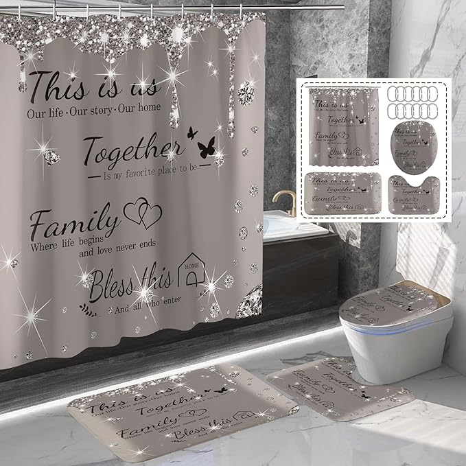 juwute 4Pcs Family Shower Curtain Sets with Non-Slip Rugs, Toilet Lid Cover and Bath Mat,Grey Glitter Diamond Home Bathroom Decor Set Accessories Waterproof Shower Curtains with 12 Hooks, 72 x 72 Inch