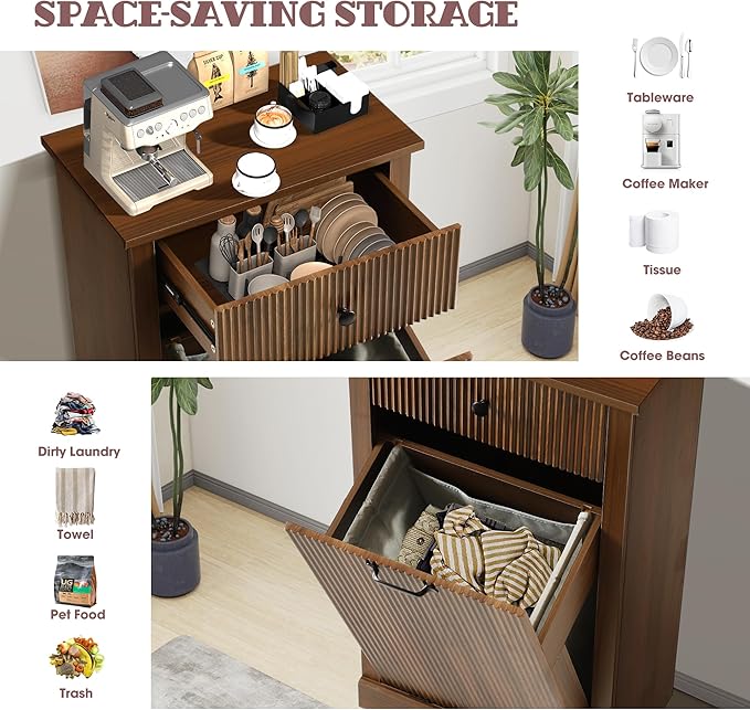 36" H Tilt Out Laundry Hamper Cabinet, Modern Fluted Trash Can Cabinets with Drawer, Wooden Hidden Garbage Cabinet for Kitchen and Bathroom (Brown, Single)