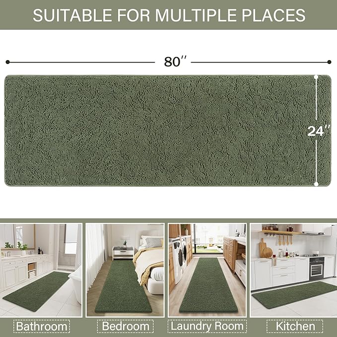 LOCHAS Luxury Bathroom Rug Shaggy Bath Mat 24 x 80 Inch, Washable Non Slip Bath Rugs for Bathroom Shower, Soft Plush Chenille Absorbent Carpets Mats, Olive Green