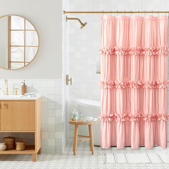 Victorian Peach Ruffle Shower Curtain 60"W x 72"L, Ruched Microfiber Vintage Handcrafted Bow Tie, Stall Size Bath Curtain with 10 Buttonholes, Machine Washable and Dry Quickly (LQ-10)