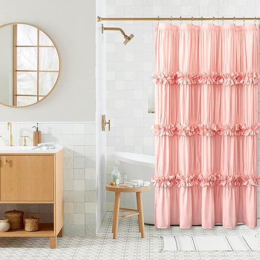 Victorian Peach Ruffle Shower Curtain 60"W x 72"L, Ruched Microfiber Vintage Handcrafted Bow Tie, Stall Size Bath Curtain with 10 Buttonholes, Machine Washable and Dry Quickly (LQ-10)