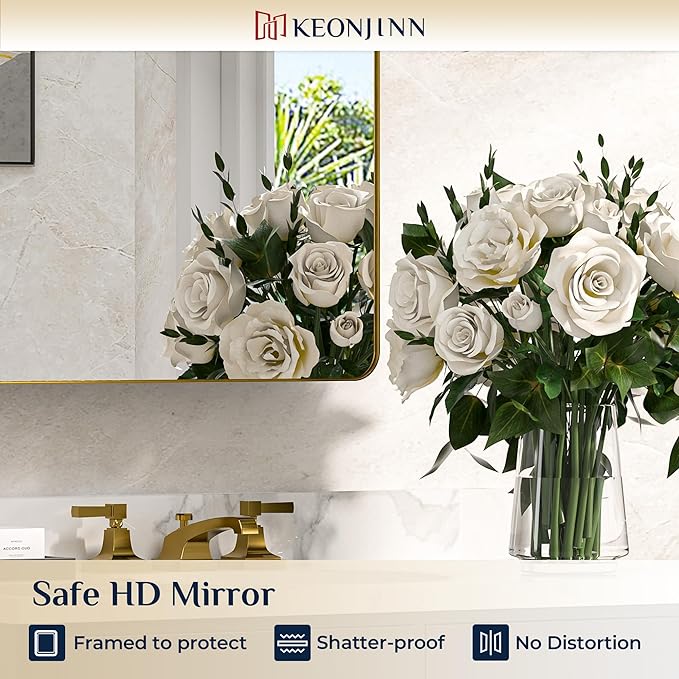 Keonjinn 48 x 32 Inch Large Gold Medicine Cabinets, Recessed Bathroom Medicine Cabinet, Dim Brushed Brass Stainless Steel Framed, Sturdy & Heavy, Stepless Adjustable Shelves, DTC Hinges, Modern