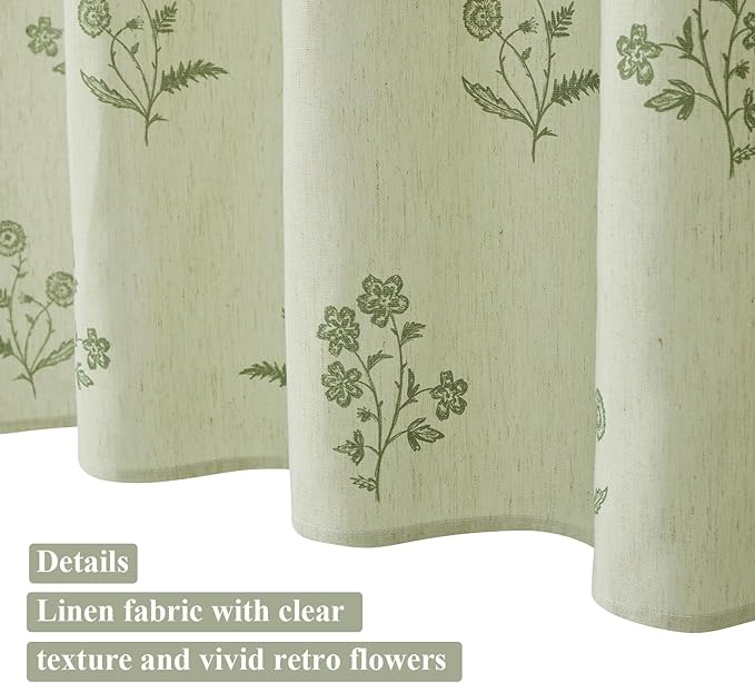 ORTIGIA Farmhouse Vintage Sage Green Floral Shower Curtain Block Print Linen Shower Curtains Set Boho Cottagecore Rustic Decor for Bathroom 72 W x 72 L