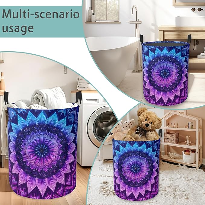 Laundry Hamper Foldable Oxford Cloth Mandala Flower Laundry Basket With Handle Portable Clothes Storage Organizer Basket Storage Bag For Laundry Room/Bedroom/Bathroom